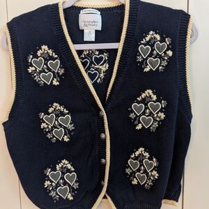 Vintage 90s Womens Sweater Vest Button M Blue Hand Embroidered Cottage Granny